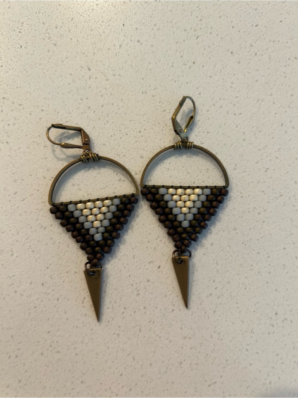 Handmade Brown and Cream Triangle Beaded Dangle Earrings